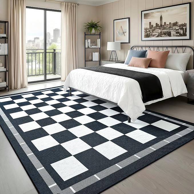 Vasofe 6x9 Checkered Jute Outdoor Rug, Washble Patio Balcony Plaid Area Rug | Washable Living Room Indoor Carpet, Non Slip Farmhouse Neutral Geometric Rugs for Camping Dining Room Backyard, Black/White