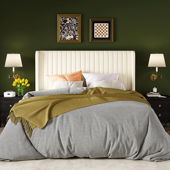 Allewie Queen Size Velvet Bed Frame/Vertical Channel Tufted Wingback Headboard/Upholstered Platform Bed/Strong Wooden Slats/No Box Spring Needed/Easy Assembly/Cream White