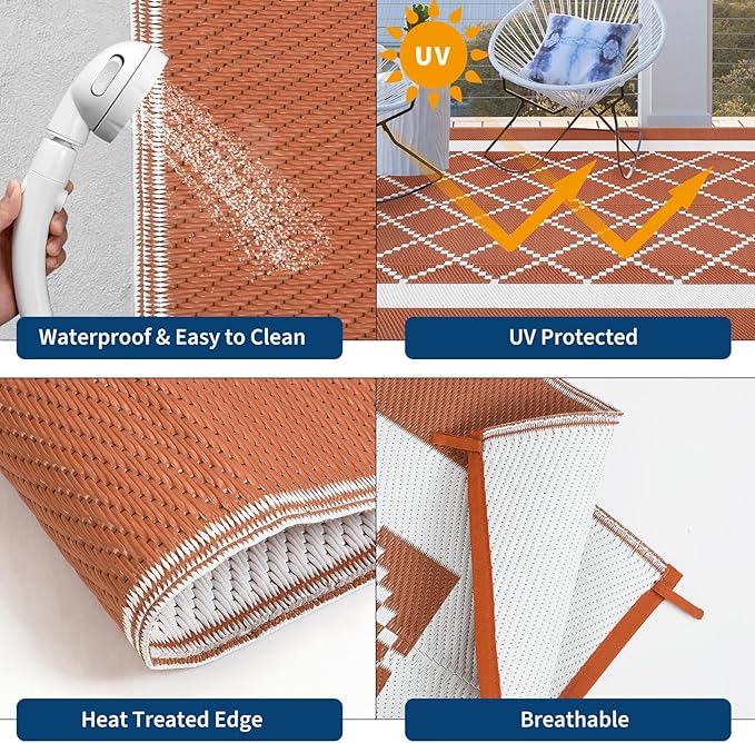 Outdoor Rug 8x10ft Waterproof Reversible Plastic Straw Carpet Modern Orange & White Patio Mat Lightweight Easy Clean UV-Resistant for Deck RV Camping Beach Balcony 尺寸: