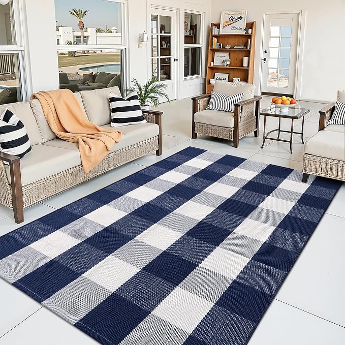 OLANLY Buffalo Plaid Rug 3' x 5' – Navy and White Cotton Checkered Doormat, Washable Indoor Outdoor Rug for Layered Front Porch, Kitchen, Entryway Decor