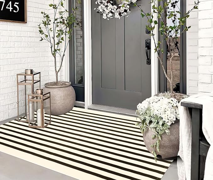 BUAGETUP Black and Beige Outdoor Rug 3'x 5',Striped Washable Porch Rug Cotton Woven Washable Rug Indoor/Outdoor Area Rug Floor Mat for Farmhouse Living Room Bedroom
