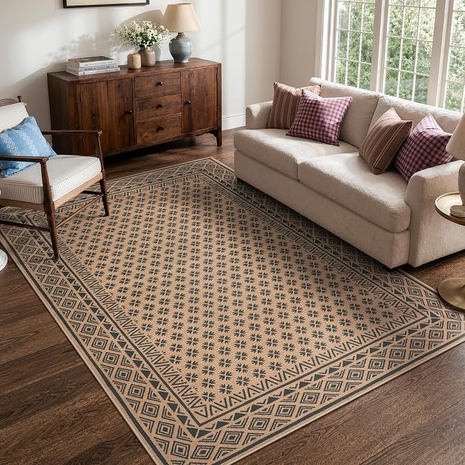 LIVEBOX Easy Jute Indoor Outdoor Rug 5x7, Black Washable Rugs for Living Room Bedroom, Non Slip Outdoor Area Rug for Patio Backyard, Farmhouse Neutral Carpet Floor Mat for Dining Room Deck Porch