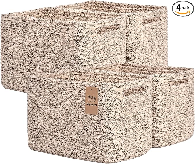 Storage Baskets for Organizing, 4 Pack Baskets for Shelves, Decorative Storage Bins for Shelves, Cotton Rope Storage Basket with Handles, Woven Basket for Storage, 13''Lx8.7''Wx7.9''H, Brown