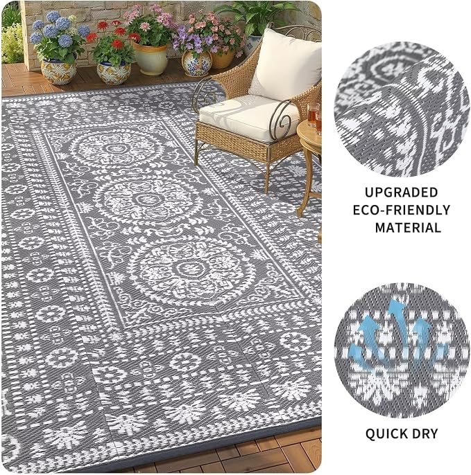 Garvee Reversible Outdoor Rug 6x9 for Patio, Waterproof Outdoor Area Rug, Modern Medallion Indoor Outdoor Rugs, Plastic Straw Rug for RV, Camping, Deck, Vintage Grey