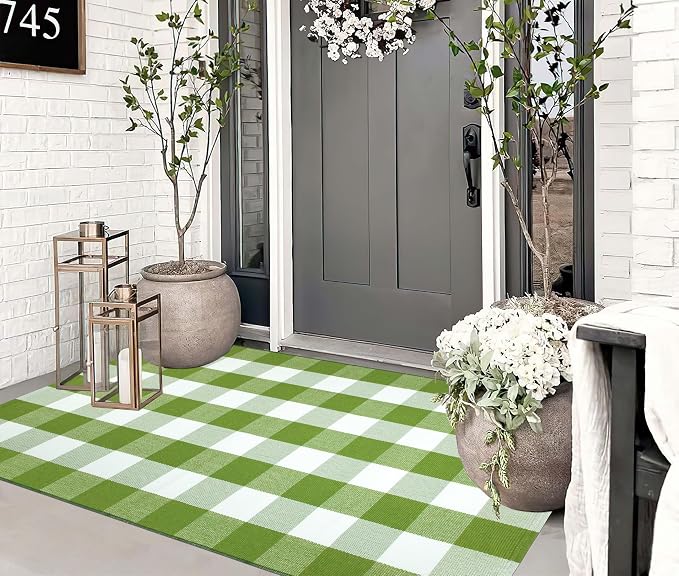 Front Porch Rug 3'x5'Checkered Green and White Outdoor Rug Farmhouse Layered Doormat Machine Washable Front Door Mat Outdoor for Hello Welcome Mat,Bedroom,Entryway,Patio
