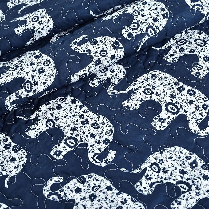 Lush Decor Navy Elephant Parade Throw Fuzzy Reversible Sherpa Blanket 60” x 50 White