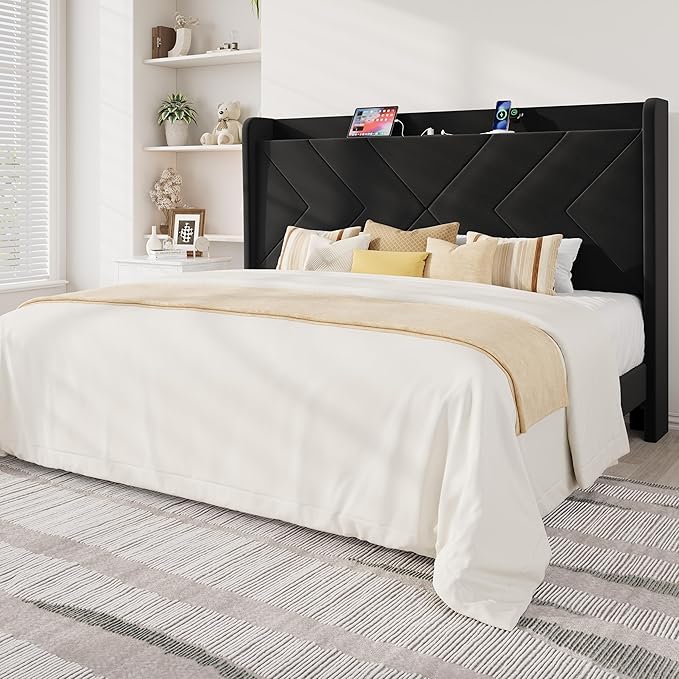 Allewie King Size Platform Bed Frame with Charging Station and Storage Shelf/Upholstered Velvet Wingback Headboard/Wooden Slats Support/No Box Spring Needed/Easy Assembly, Black
