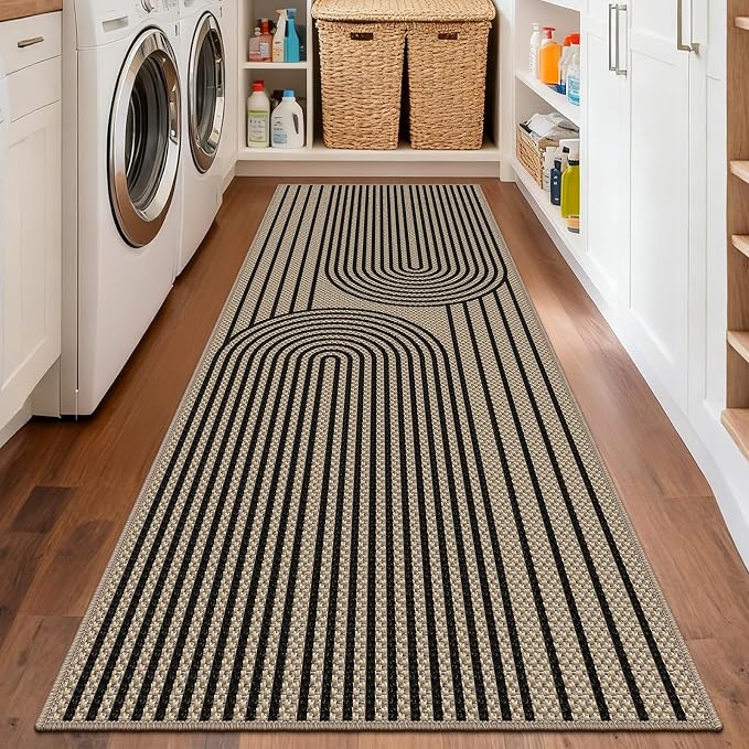 Faux Jute Hallway Runner Rug, 2' x 6' Kitchen Runner, Black Farmhouse Ultra-Thin Washable Non-Slip Carpet Runner for Laundry, Bedroom, Backyard, Outdoor, Home Decor