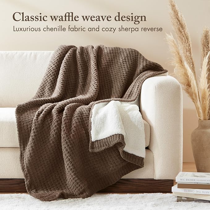 Madison Park Rowan Sherpa Throw Blanket Waffle Weave, 50 x 60, Brown | Cozy Warmth for Sofa or Bed, Reversible, Lightweight, Farmhouse, OEKO-TEX Certified