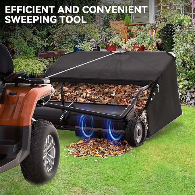 AUTOSAVER88 42" Lawn Sweeper Tow Behind with Adjustable Sweeping Height | Leaf & Grass Collector with Dumping Rope Design, 13 Cu.ft Hopper Pull Behind Lawn Sweeper for Leaves, Grass & Debris