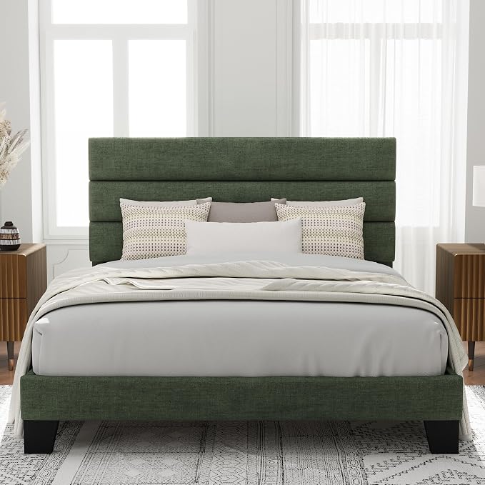 Allewie Full Size Platform Bed Frame with Fabric Upholstered Headboard and Wooden Slats Support, Fully Upholstered Mattress Foundation/No Box Spring Needed/Easy Assembly, Green