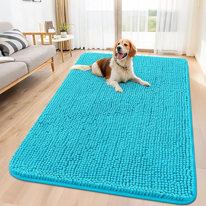 Smiry Dog Door Mat for Muddy Paws 59x32, Absorbent Dirt Trapper, Non-Slip Washable Chenille Entryway Rug for Inside Floor, Aqua Blue, Classic Solid