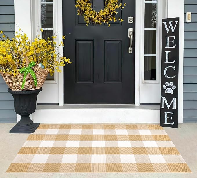 Front Door Mat Outdoor Entrance 27.5''x 43.3''Checkered Porch Rug Cotton Washable Farmhouse Layered Doormat for Indoor/Outdoor, Kitchen, Entryway,Bathroom