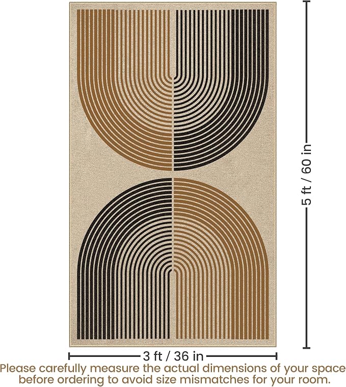 Washable Rainbow Easy Jute Rug 3x5, Outdoor Indoor Patio Modern Geometric Neutral Small Rugs, Woven Non Slip Thin Carpet Mat for Living Bedroom Entryway Front Door Farmhouse Doorway Kids