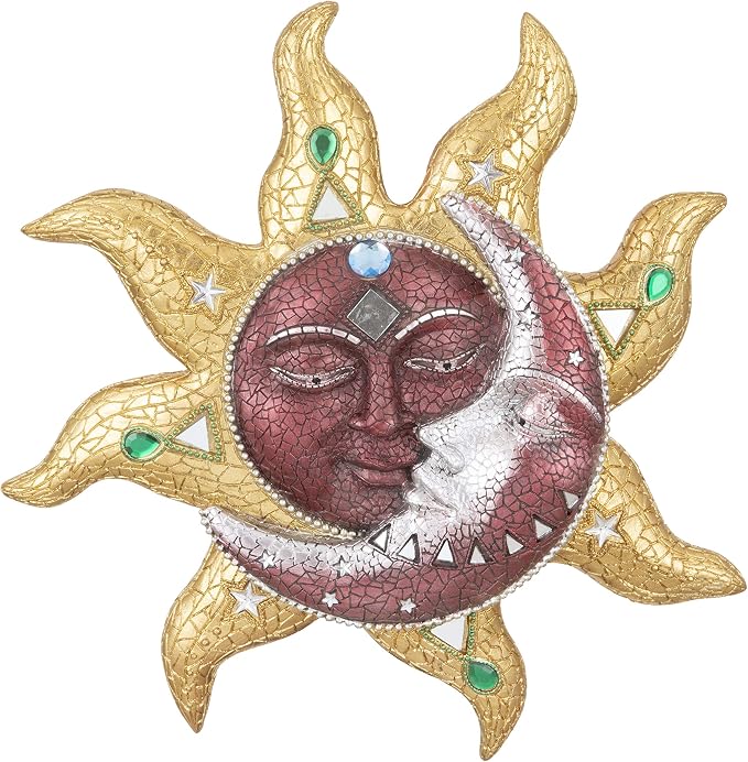 George S. Chen Imports Hand Painted Polyresin Mosaic Sun and Moon Face Wall Décor – Celestial Art for Indoor or Outdoor Home Decoration 63147