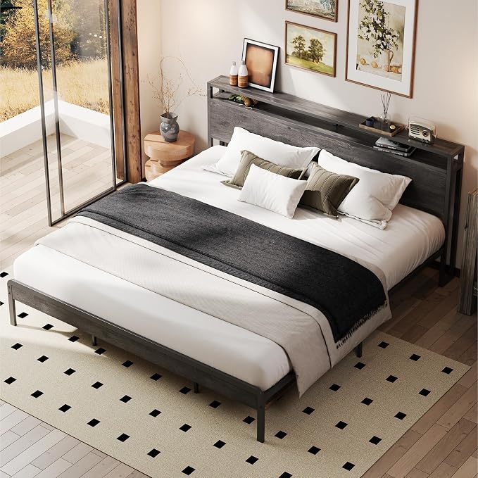LIKIMIO California King Bed Frames with 2-Tier Storage Shelf Headboard | Dark Wood Platform Bed, Camas California King with Strong Metal Supports, Sturdy, Noise-Free, No Box Spring Needed, Grey