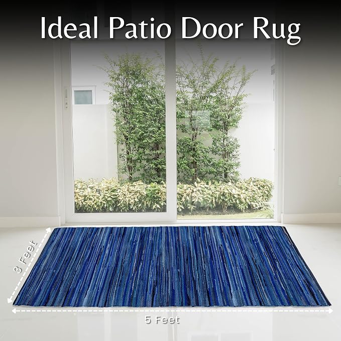 Ramanta Home 100% Cotton Hand Woven Tonal Chindi Rag Rug 3'x5' - Navy, Recycled Reversible Rugs, Boho Rustic Farmhouse Rugs for Living Room, Dinning Room, Kitchen Floor Mats - 36"x60"