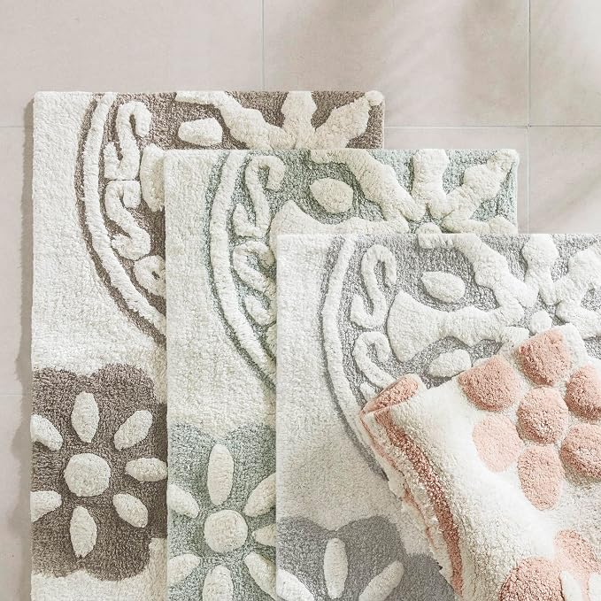 Madison Park Casablanca Tufted Cotton Bath Rug Non-Slip, 20 x 30, Pink | Luxurious Plush Bath Mat, Quick Dry, Soft, Machine Washable, Floral Pattern, Absorbent, Plush, OEKO-TEX, for Bathroom