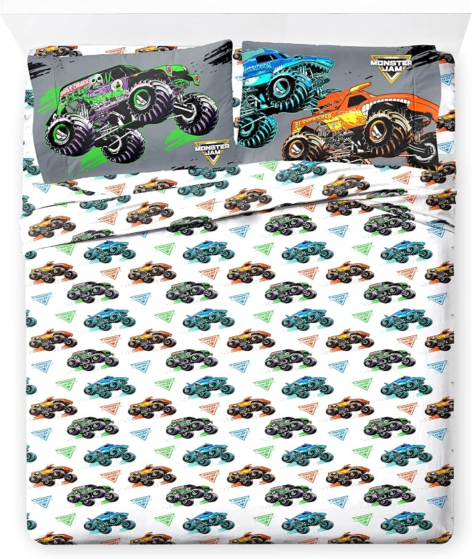 Monster Jam Trucks Full Size Comforter Set 7 Piece Kids Bedding, Black | Grave Digger Megalodon, Comforter Sheets Shams Pillowcases, Official Product, Soft Microfiber, Machine Washable, Boys Gift
