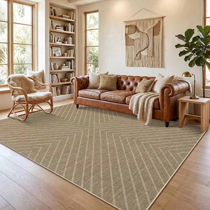 Garvee Easy Jute Rug 5x7 Rugs for Living Room, Striped Washable Non Slip Outdoor Patio Carpet, Farmhouse Neutral Indoor Area Rug Neutral Non Slip Carpet for Backyard Dining Room Deck 5'x7'