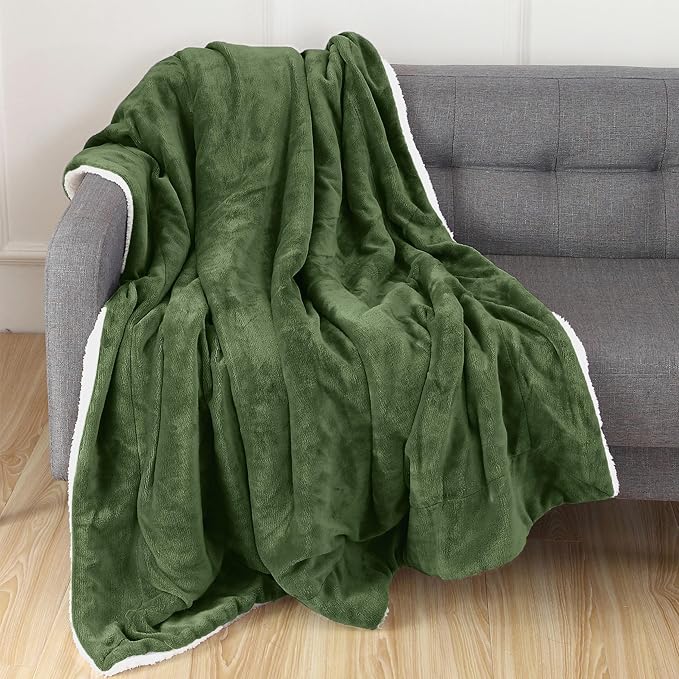 Elegant Comfort Throw Blanket, Reversible Sherpa Flannel, Ultra-Soft, Fuzzy, Cozy and Plush- All Season Lightweight Decorative Throw, 50 x 60 inches, Solid Sherpa Throw, Sage