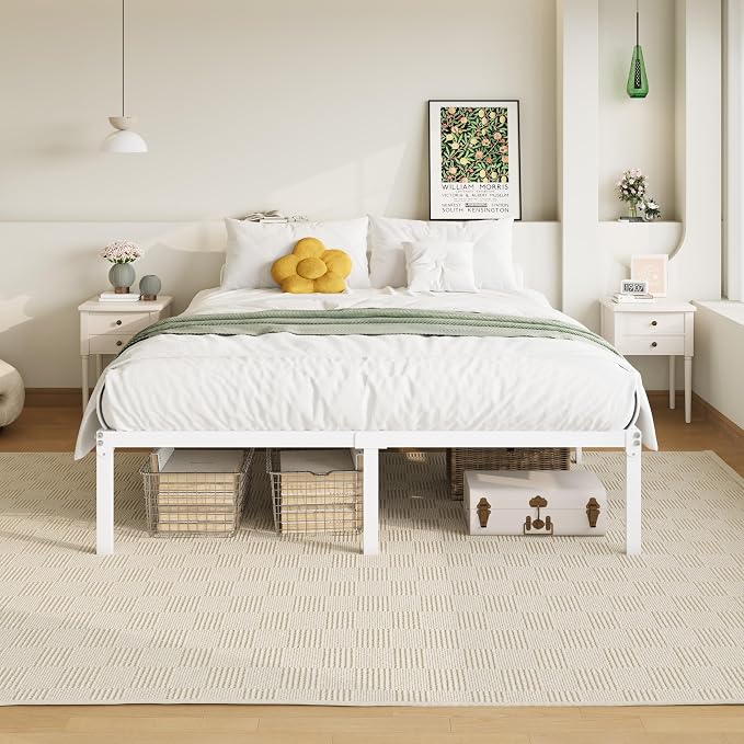 Allewie Queen Bed Frame, 14 inch Metal Beds with Storage Space, White | Heavy-Duty Metal Platform Beds, Large Under-Bed Storage Space, No Box Spring Needed, Easy Assembly
