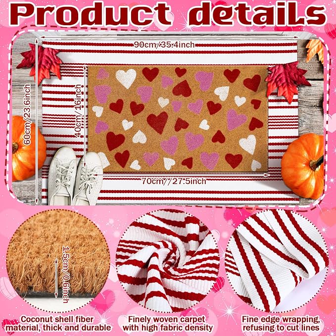 Moucuny 2 Pcs Valentine's Day Coir Welcome Doormat Outdoor Valentine's Day Rug Layered Red and White Stripe Mat Red Heart Mat for Front Porch Outdoor Entryway