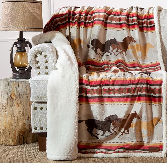 Carstens, Inc. Wrangler Running Horse Country Sherpa Fleece Throw Blanket, Brown, One Size