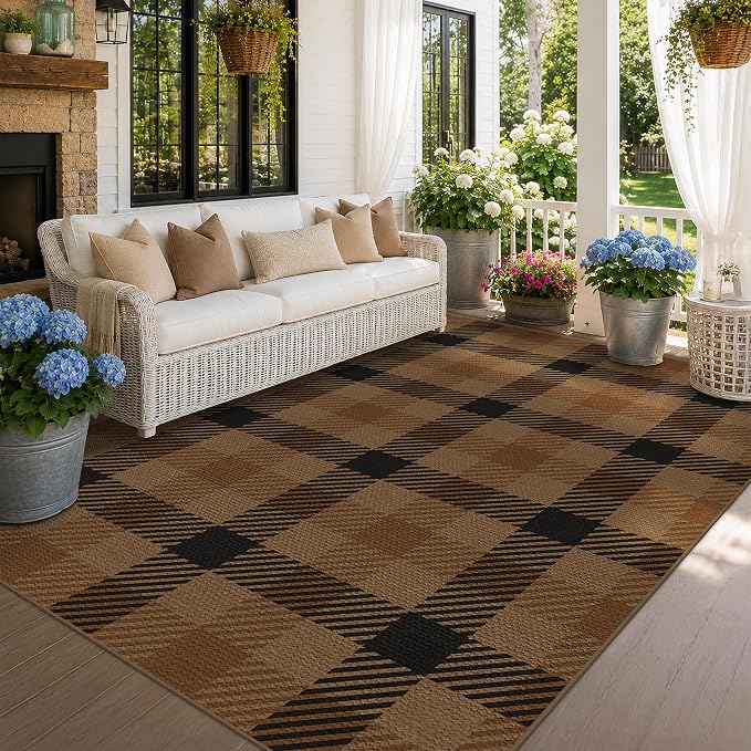 JTJ Easy Jute Outdoor Rug 6' x 9', Washable Non Slip Indoor Outdoor Low Pile Area Rug for Patio, Porch, Living Room & Dining Room, Farmhouse Plaid