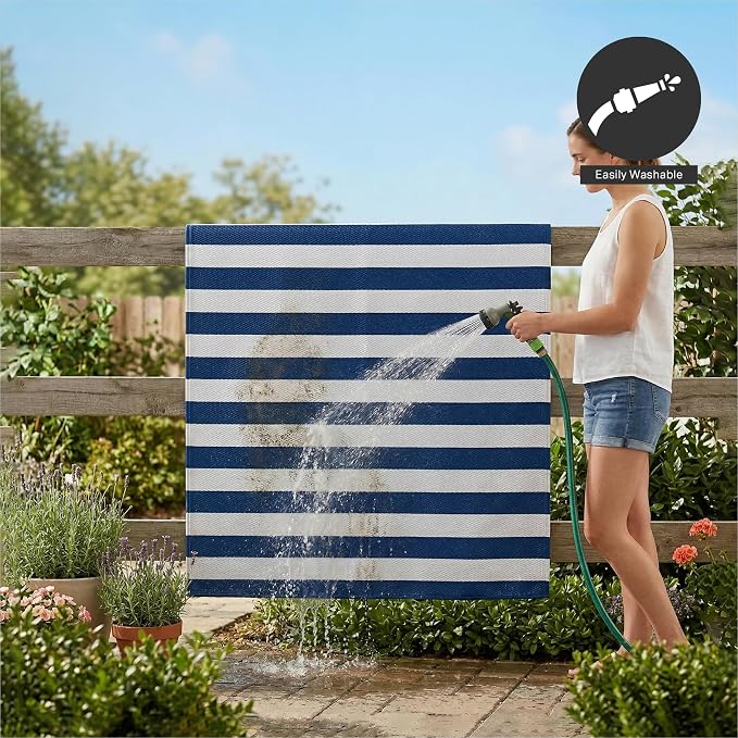 FH Home Outdoor Rug - Waterproof, Fade Resistant, Reversible - Premium Recycled Plastic - Striped - Porch, Deck, Balcony, Mudroom, Laundry Room, Patio - Brittany - Blue & White Crease Free - 3 x 5 ft