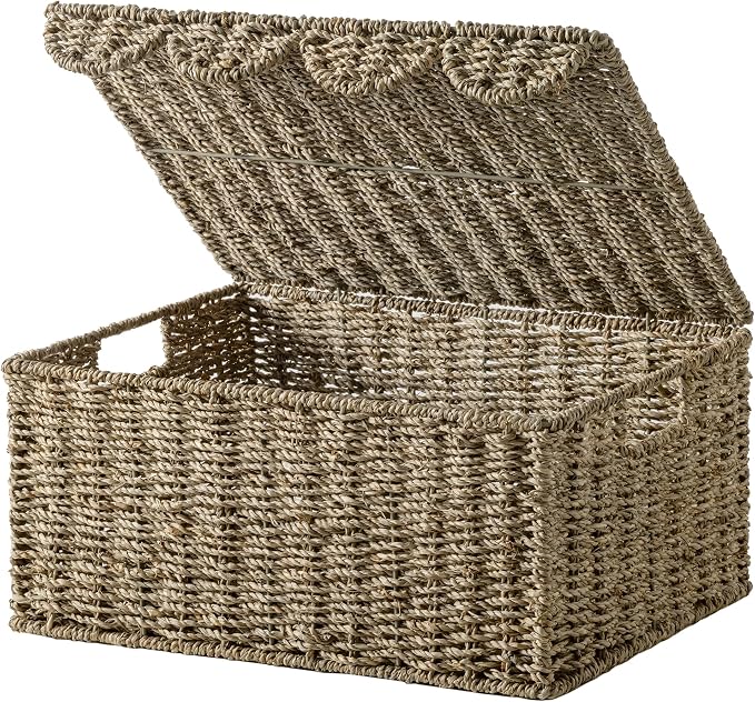StorageWorks Wicker Basket with Lid, Scalloped Edge Woven Basket, Seagrass Storage Baskets with Lid, Scalloped Baskets for Shelves, Decorative Storage Boxes, 16½" L X 13" W X 7½" H