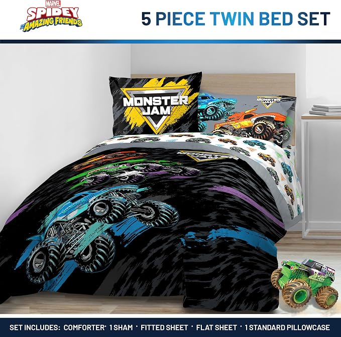 Monster Jam Trucks Twin Comforter Set 5 Piece Kids Bedding for Boys, Black | Grave Digger Megalodon, Comforter Sheets Sham Pillowcase, Official Product, Soft Microfiber, Machine Washable, Boys Gift