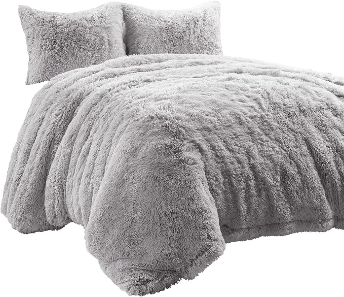 Lush Decor Emma Soft Fluffy Faux Fur Oversized Duvet Cover Set, King, Light Gray - Warm Plush 3 Piece Bedding Set