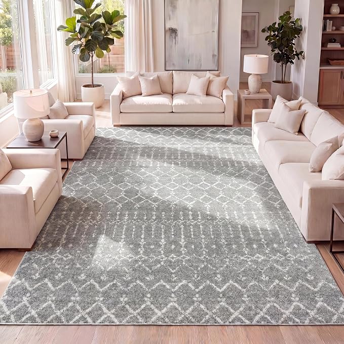 JONATHAN Y Boho Vintage Diamond Gray/Ivory Indoor Area Rug 9X12 ft, Moroccan Hype for Living Room, Bedroom, Kitchen, Office, Easy-Cleaning, High Traffic, Pet-Friendly, Non-Shedding (MOH101C-9)