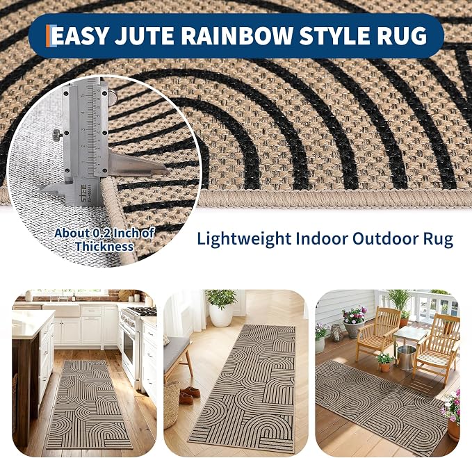 GarveeHome Easy Jute 2x8 Runner Rugs Modern Rainbow Rug for Hallway Kitchen Non Slip Indoor Outdoor Runner Door Mat for Laundry Porch Bathroom