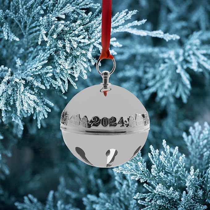 Wallace 2024 Annual Silver-Plated Sleigh Bell Ornament 54th Edition - Snowmen and Log Cabins Design - Handcrafted Collectible with Gift Box, Ribbon, and Velvet Pouch