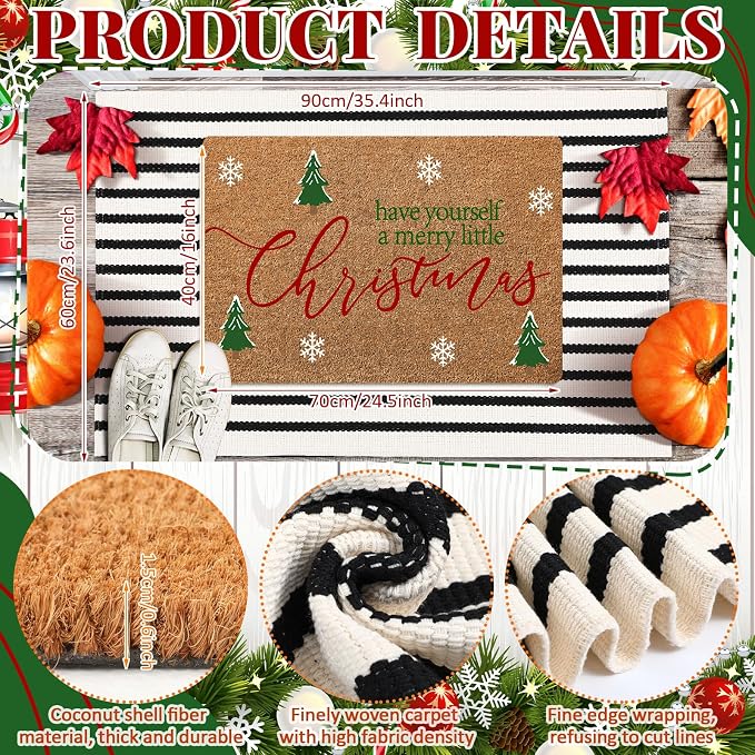 Moucuny 2 Pcs Christmas Outdoor Mat, Non Slip | Christmas Welcome Coir Door Outdoor Black White Stripe Rug Front Door Porch Entryway Decor, 24'' x 35'', 16'' x 28''