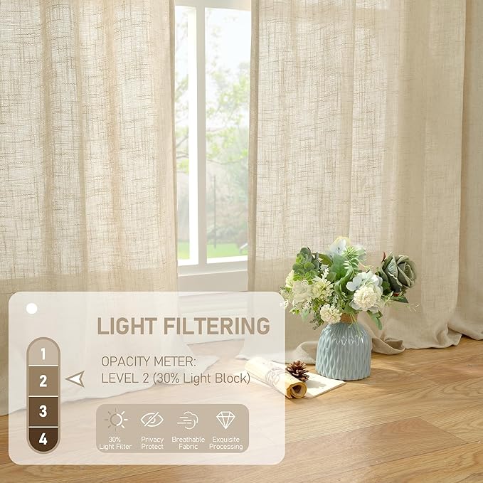 LAMIT Natural Linen Semi Sheer Curtains 63 Inch for Bedroom, Light Filtering Curtains Farmhouse Boho Back Tab and Rod Pocket Drapes for Dining Room, 2 Panels (38 x 63 Inch, Linen)
