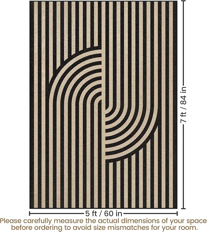 Washable Modern Easy Jute Rug 5x7, Neutral Geometric Abstract Outdoor Indoor Patio Farmhouse Large Rugs, Woven Non Slip Thin Carpet Mat for Living Dining Room Bedroom Classroom Kids Nursery