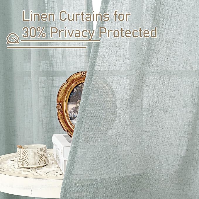LAMIT Extra Wide Linen Curtains for Living Room, Light Filtering Faux Linen Textured Panels Semi Sheer Back Tab and Rod Pocket Boho Drapes for Farmhouse, 2 Panels, Greyish Blue, 60 x 63 Inch