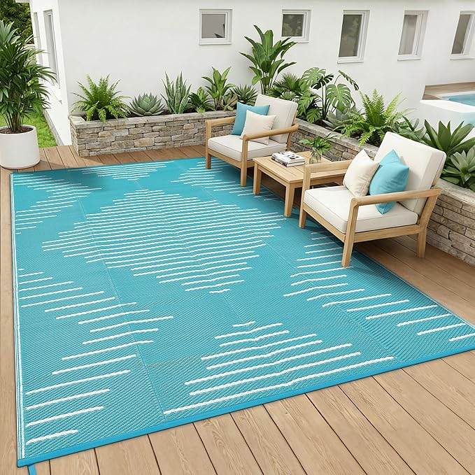 Garvee 6x9 Area Rugs Plastic Reversible Patio Rugs Outdoor Waterproof Easy-Cleaning Large Floor Mat for Outdoors Backyard Porch RV Beach Picnic Light Blue White