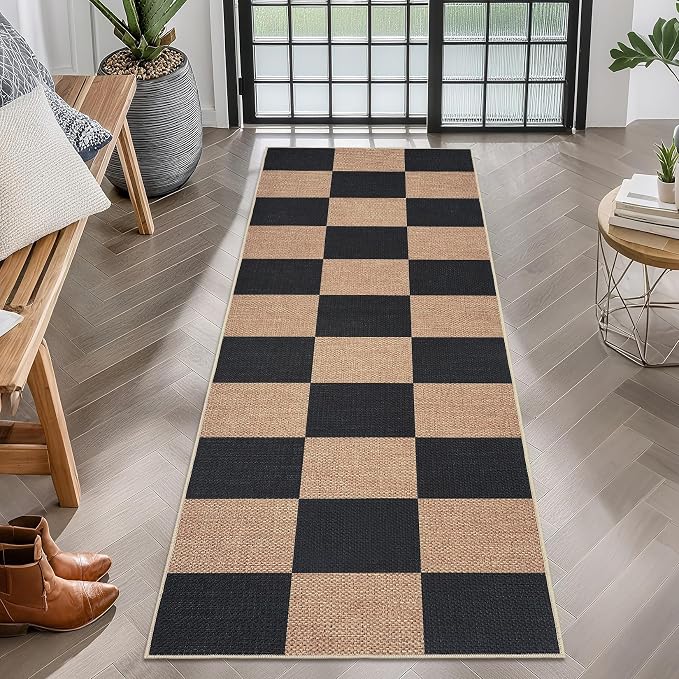 COZYLOOM 2x8 Bathroom Runner Rug Machine Washable Area Rugs for Entryway Modern Geometric Print Floor Cover with Non Slip Backing, Non Shedding Low Pile Checkered Mats for Kitchen, Brown