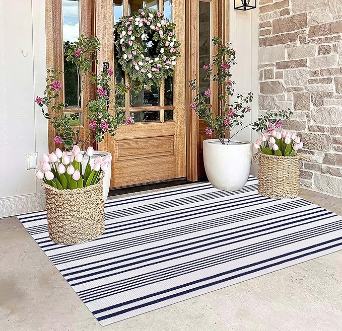 BUAGETUP Blue and White Outdoor Rug 3'x 5' Hand-Woven Cotton Washable Rug Striped Front Porch Rug Indoor/Outdoor Area Rug Floor Mat for Farmhouse/Layered Door Mats/Living Room