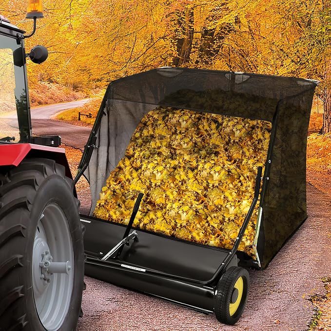 Tow Behind Lawn Sweeper, 44" Pull Behind Collector – Large Capacity Leaf & Grass Collector with Adjustable Height, Dumping Rope Design for Debris and Lawn Clippings