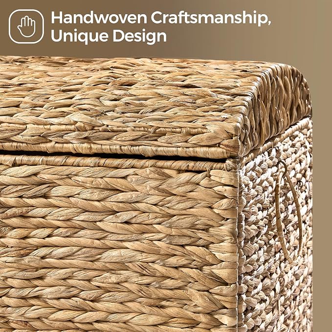 Honjourai Handwoven Storage Basket with Lid, 178L Wicker Storage Trunk | Natural Water Hyacinth Storage Chest, Leather Buckle, Metal Frame, Metal Ring Handles for Easy Transport