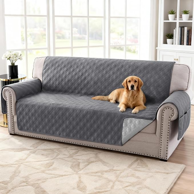 H.VERSAILTEX 100% Waterproof Couch Covers for 3 Cushion Couch Triple Non-Slip Sofa Cover with Storage Pocket Washable Couch Protector for Dogs(Sofa, Grey)