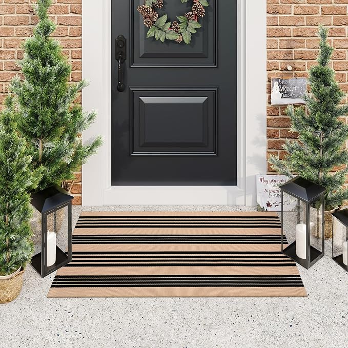 LEEVAN 2.3'X3.6' Black and Tan Striped Woven Cotton Reversible Outdoor Rug | Small Machine Washable Front Porch Rug, Entryway Door Mat, Indoor Layering Carpet for Farmhouse Bathroom Laundry