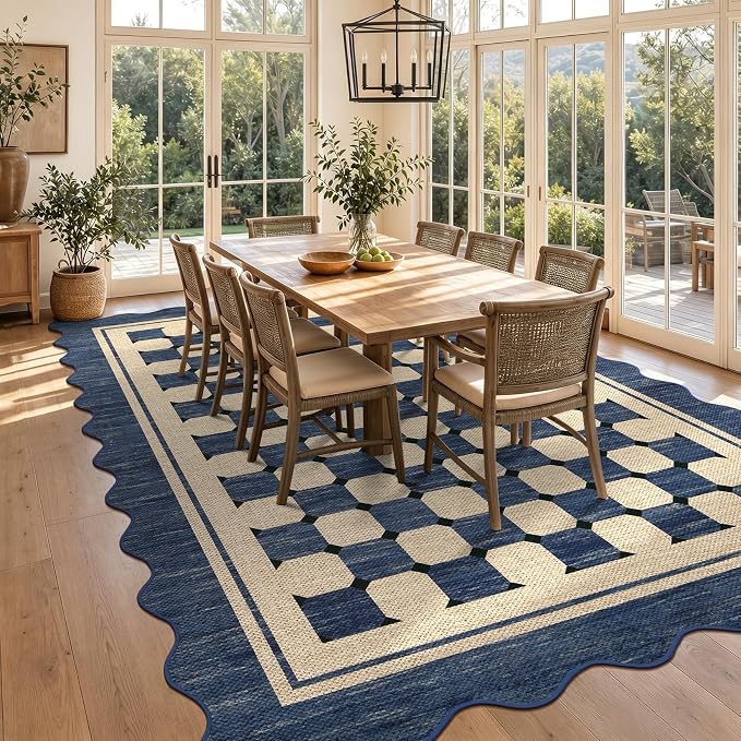 Garvee Easy Jute 9x12 Large Area Rug for Living Room Scalloped Checkered Navy Indoor Outdoor Rugs Non Slip Low Pile Patio Outdoor Rugs Washable Carpet for Porch Bedroom Living Room Backyard, 9'x12'