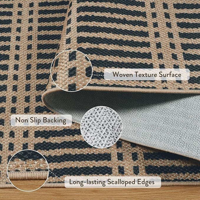 LIVEBOX Striped Easy Jute 5x7 Outdoor Rug, Black Washable Rugs for Patio Living Room, Indoor Outdoor Non Slip Area Rug for Bedroom, Farmhouse Neutral Carpet Floor Mat for Dining Room Backyard Deck