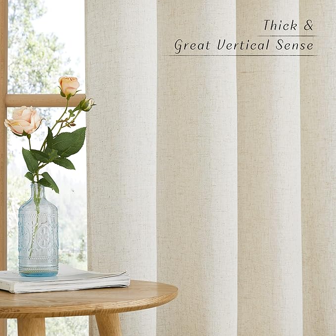 NICETOWN Natural Linen 102 inch Curtains for Bedroom, Grommet Privacy Added with Light Filtering Thick Flax Window Treatments Linen Blend for Living Room, W42 x L102, 2 Panels